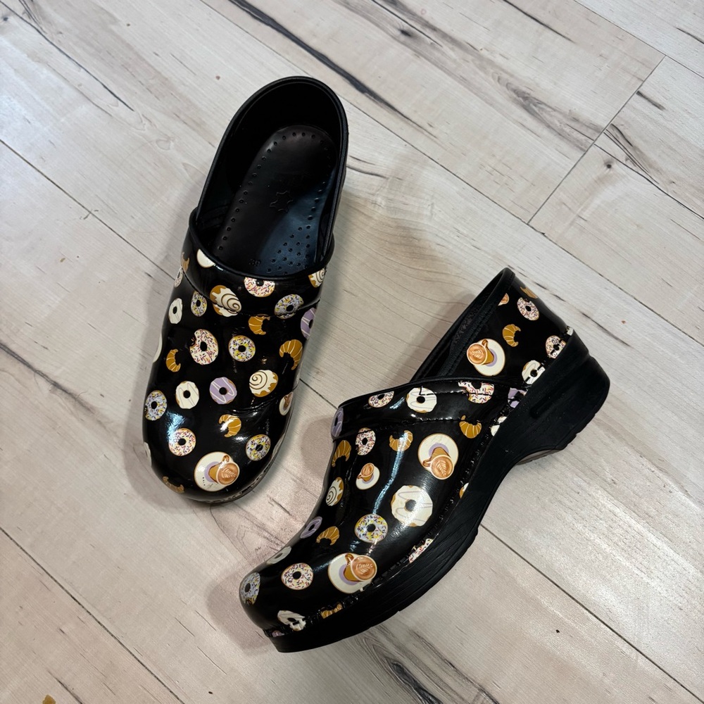 Dansko Black Clogs with coffee and Donut Print